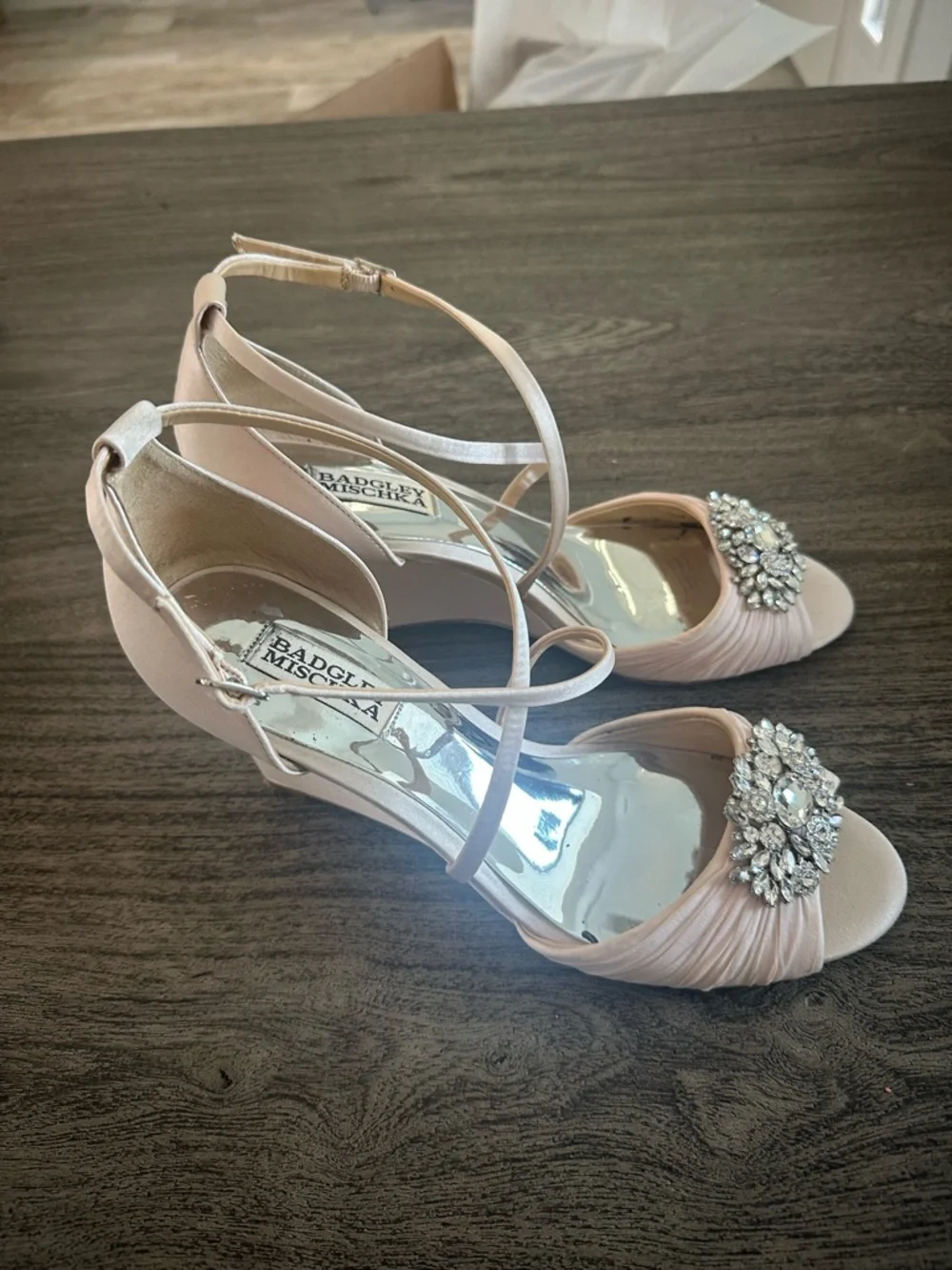Badgley Mischka Rose Gold Satin Wedge Sandal with Crystal Accent - Picture 2 of 11